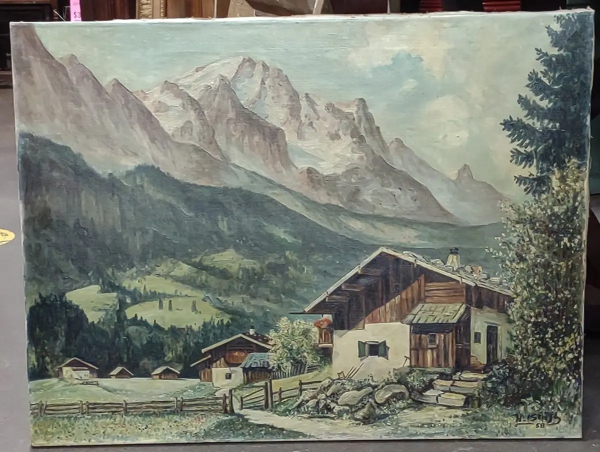 Unframed German Alps Landscape Painting With Houses Signed 1973 1