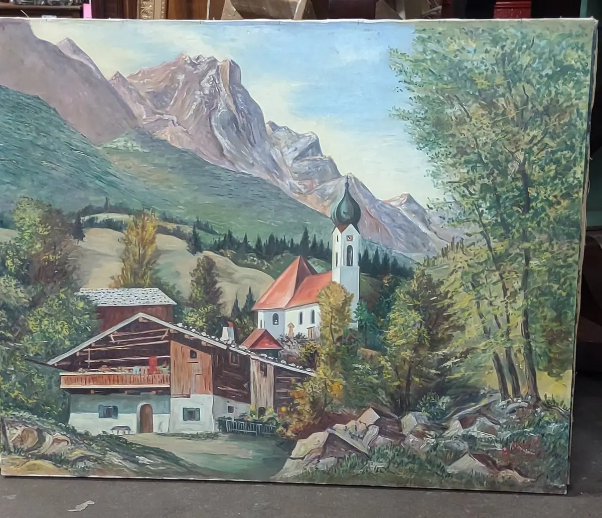 Unframed German Alps Landscape  Painting With Church Signed  1958 1