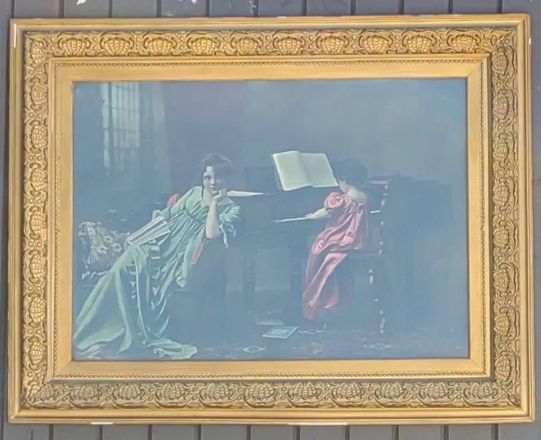 Large Gold Framed Print Of Woman And Child By A Piano 1