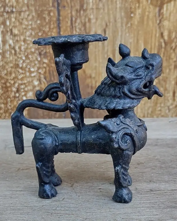 Small Bronze Foo Dog Candle Stand 1