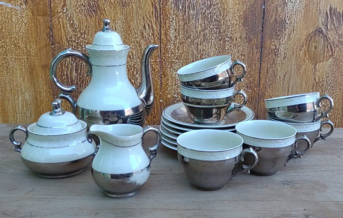 Danish Ivory Colored With Silver Plate 15 Pcs Teaset 1 Cup As Is 1