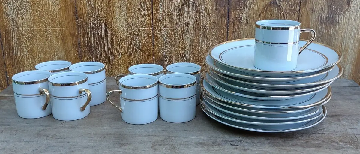 9 White Wth Gold Border Snack Plates With Cups By Porcelain Empire 1