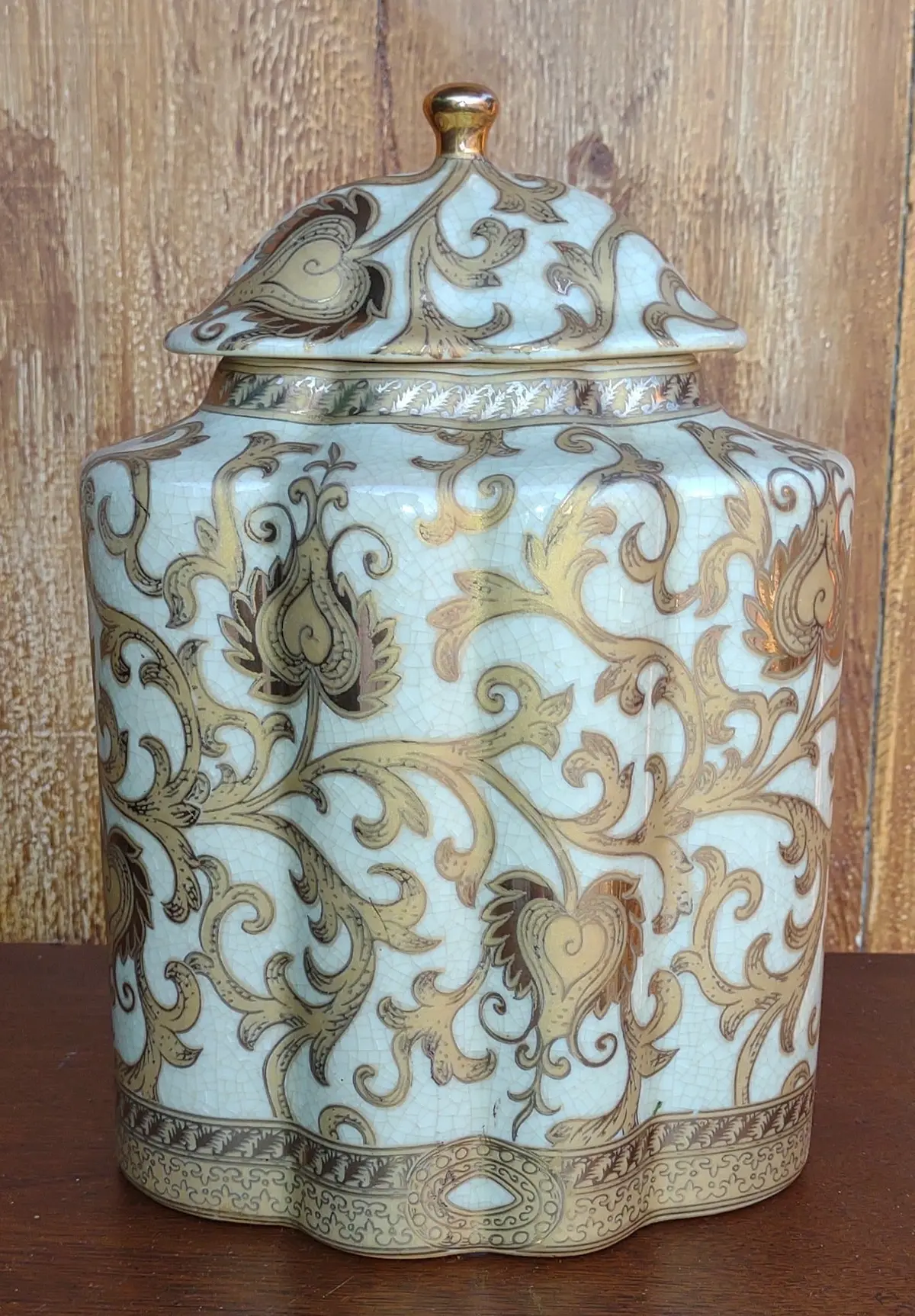 Decorative Tall Ecru Porcelain  Box With Lid And Gold Finish 1