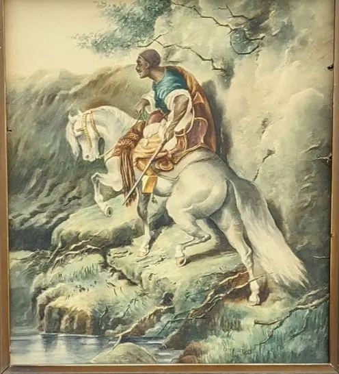 Framed Water Color Painting Of A Swarthy Man On A Horse 1