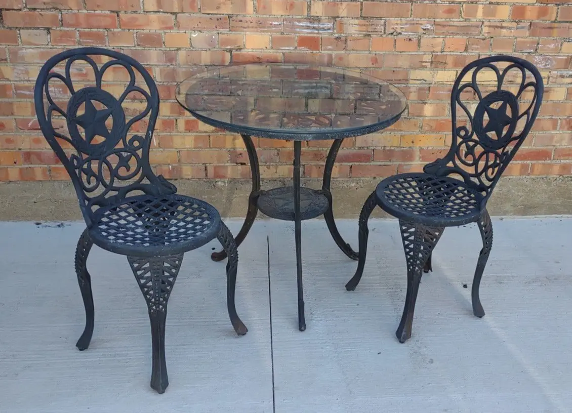 Aluminum Glass Top Patio Table With Two Texas Star Chairs 1
