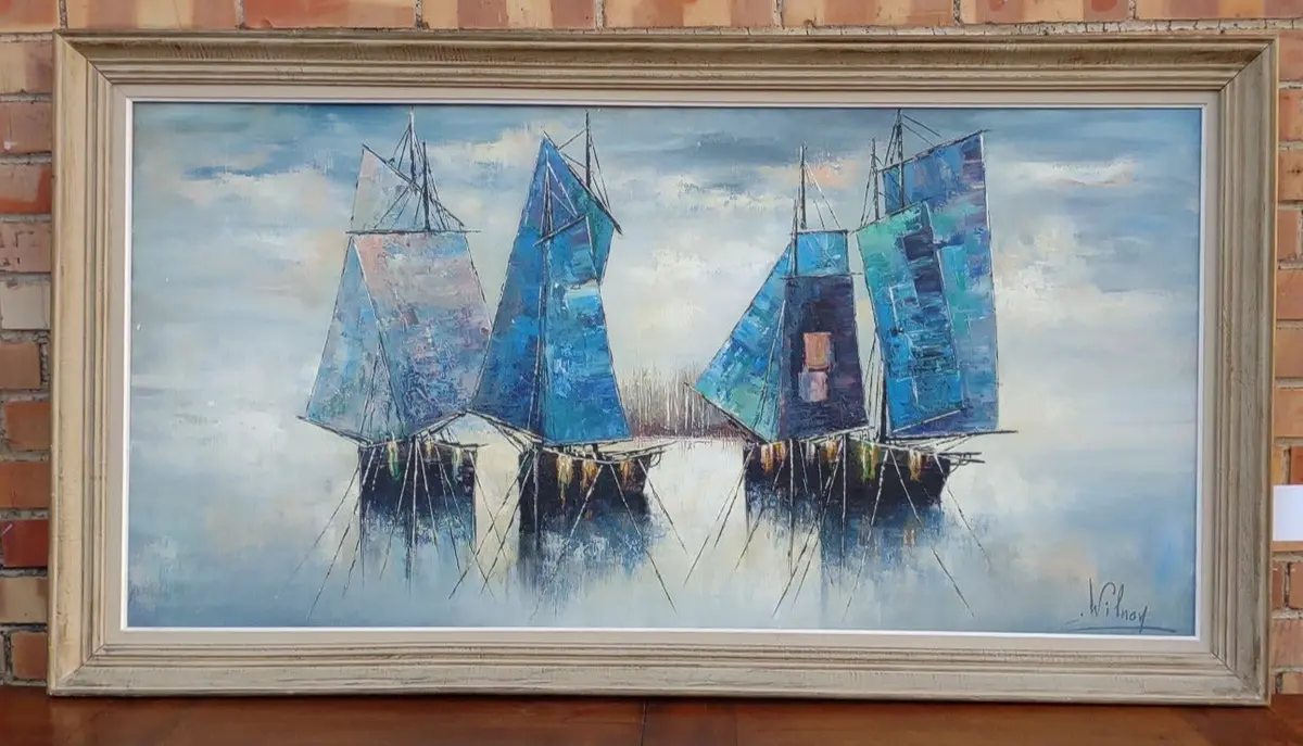 Large Impressionist Oil Painting Of  Blue Sail Boats-Signed Pierre Wilnay 1