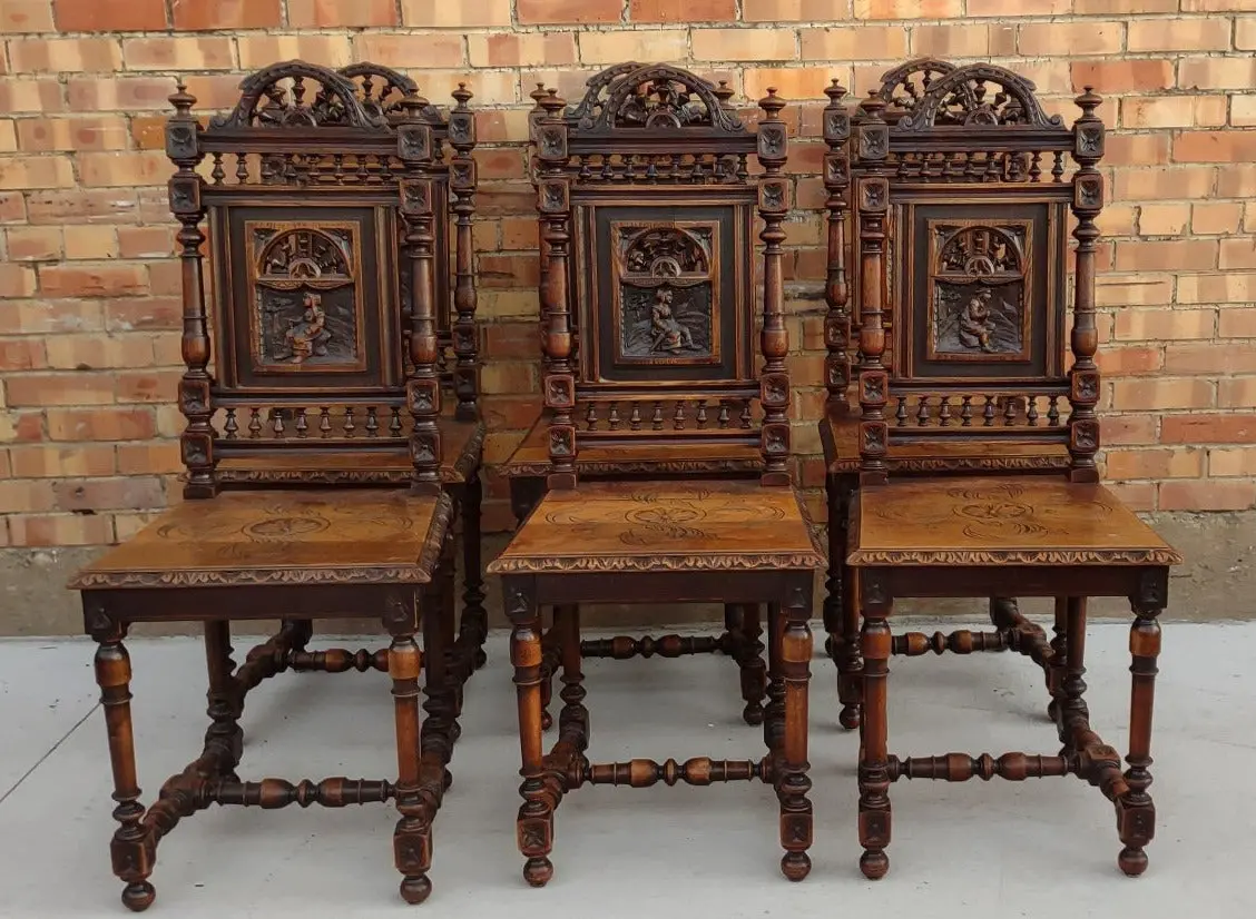 Set Of 6 Brittiany Carved Figural Oak Dining Chairs 1
