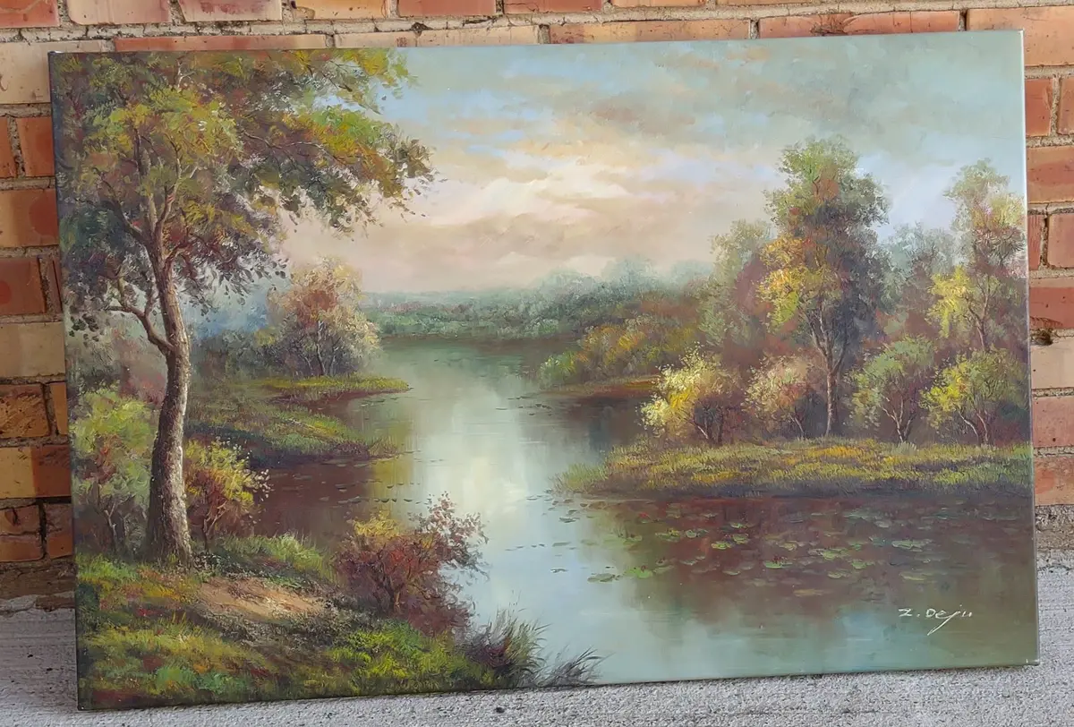 Unframed Lamdscape Oil Painting With Trees And Lake 1