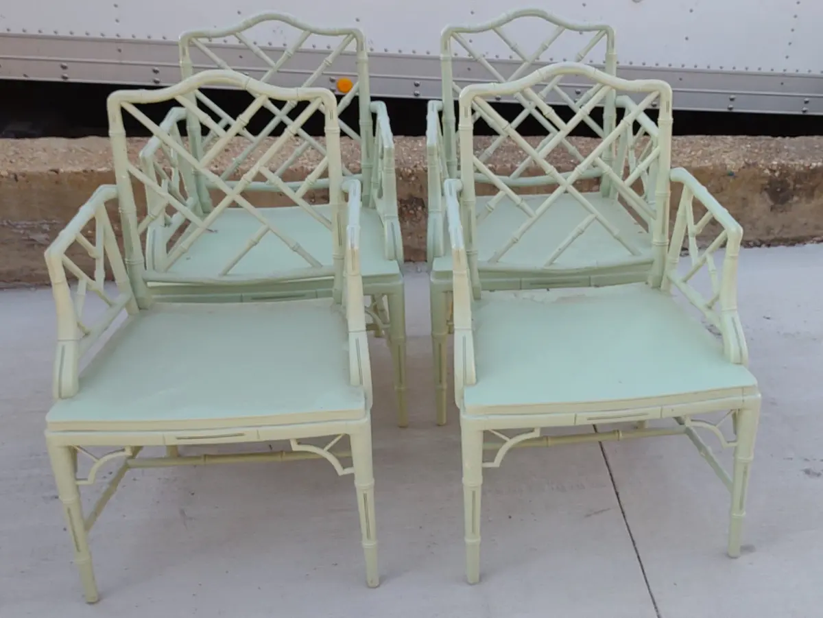 Set Of 4 Green Painted Bamboo Arm Chairs 1