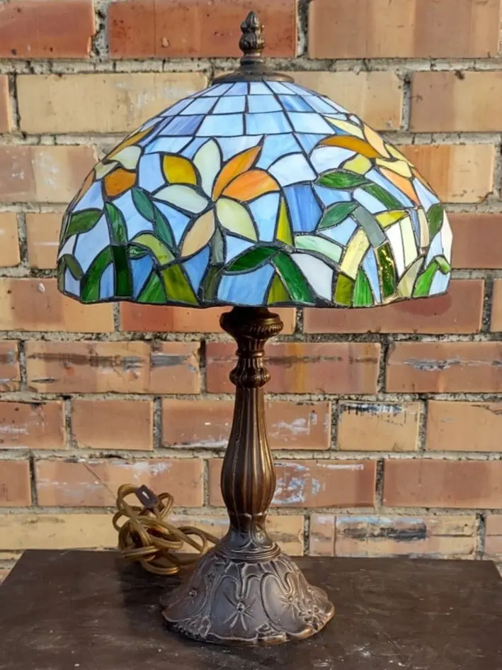 Blue And Floral Stained Glass Shade Table Lamp 1