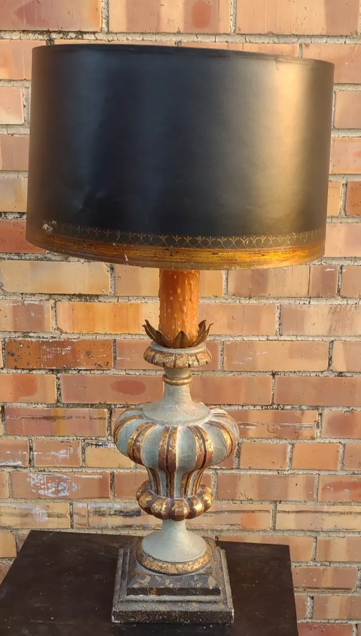 Vintage Carved Giltwood And Grey Italian Lamp With Black Shade 1