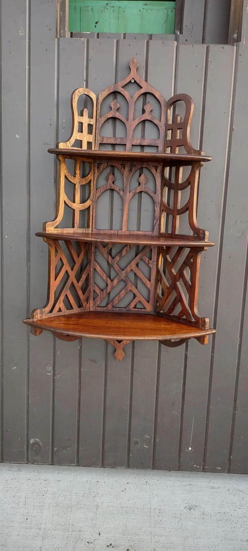 Ornate Mahogany Fretwork 3 Tier Hanging Shelf 1