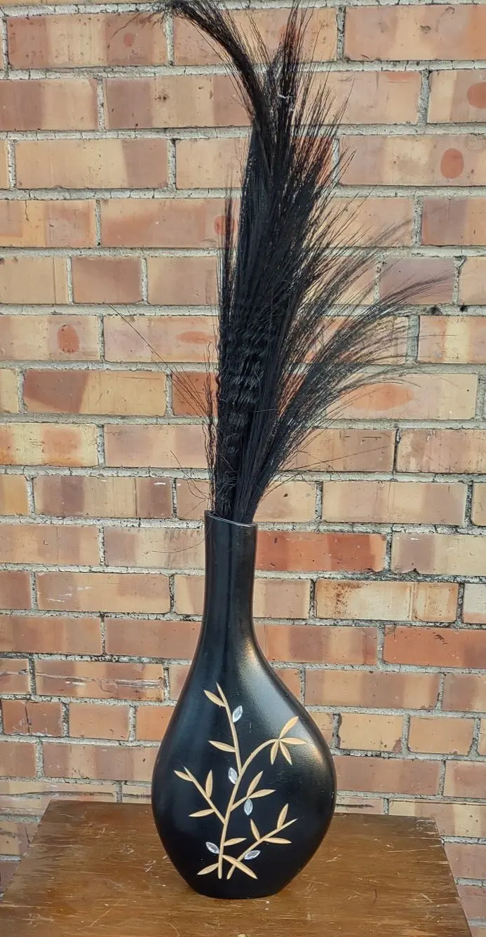 Black Vase With Inlay And Black Feathers 1