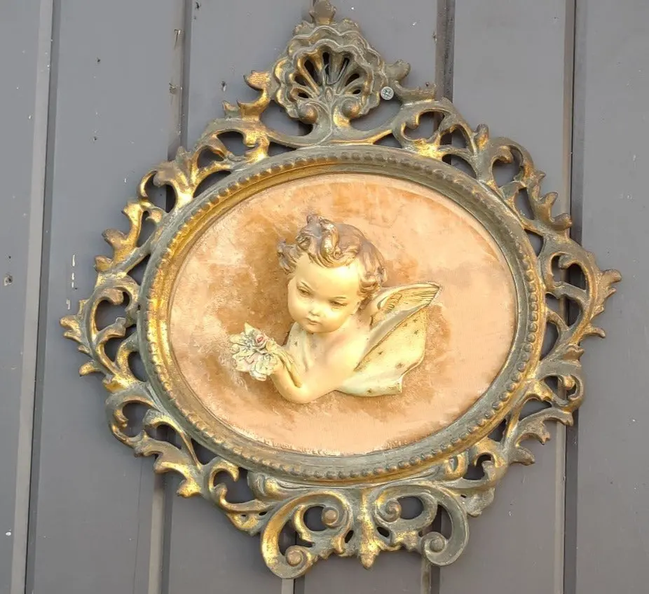 Brass And Ceramc Cherub Wall Plaque 1