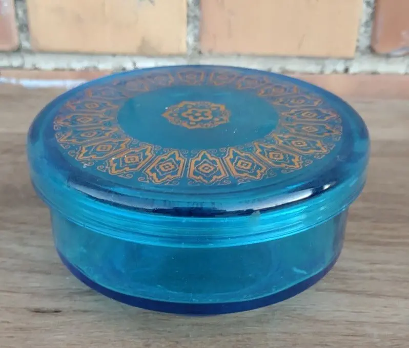 Blue Glass Jar With Gold Trim Lid 1