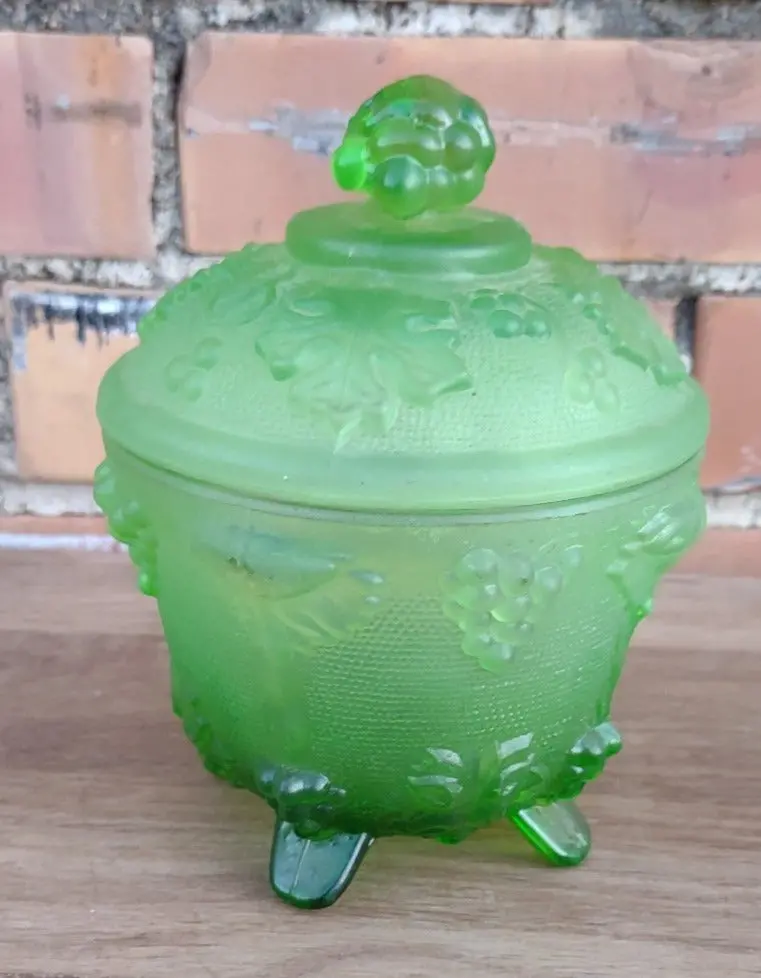 Footed Green Depresson Glass Jar With Lid 1