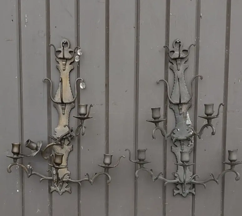 Pair Of Tall Brass  5 Light Candle Sconces As Found 1