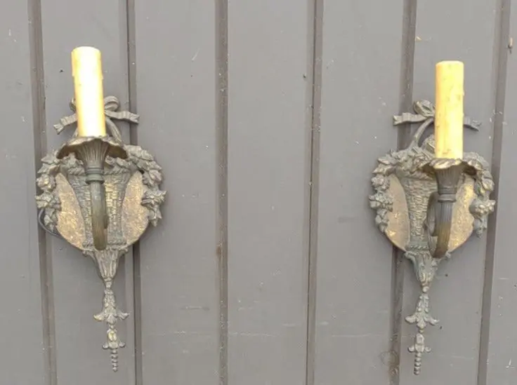 Pair Of Small Brass Flower Basket Single Lught Wall Sconces 1