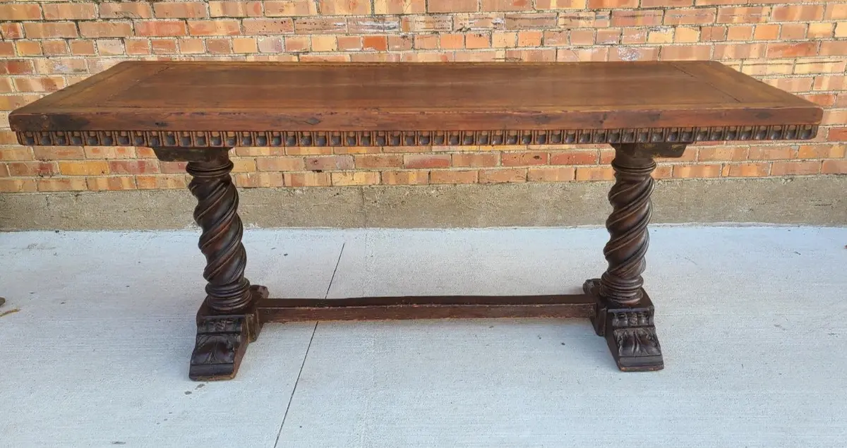 Spanish Trestle Base Console Table With Inlaiy And Gadrroning 1