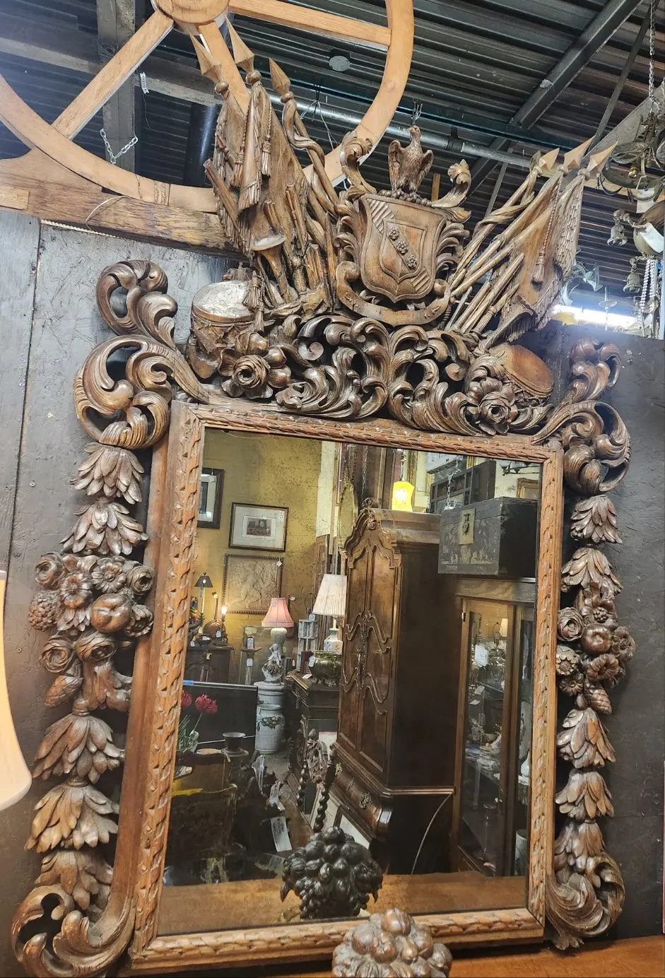 Large 19Th Century Ornately Pierce Carved German Mirror With Eagle And Flags Pediment 1