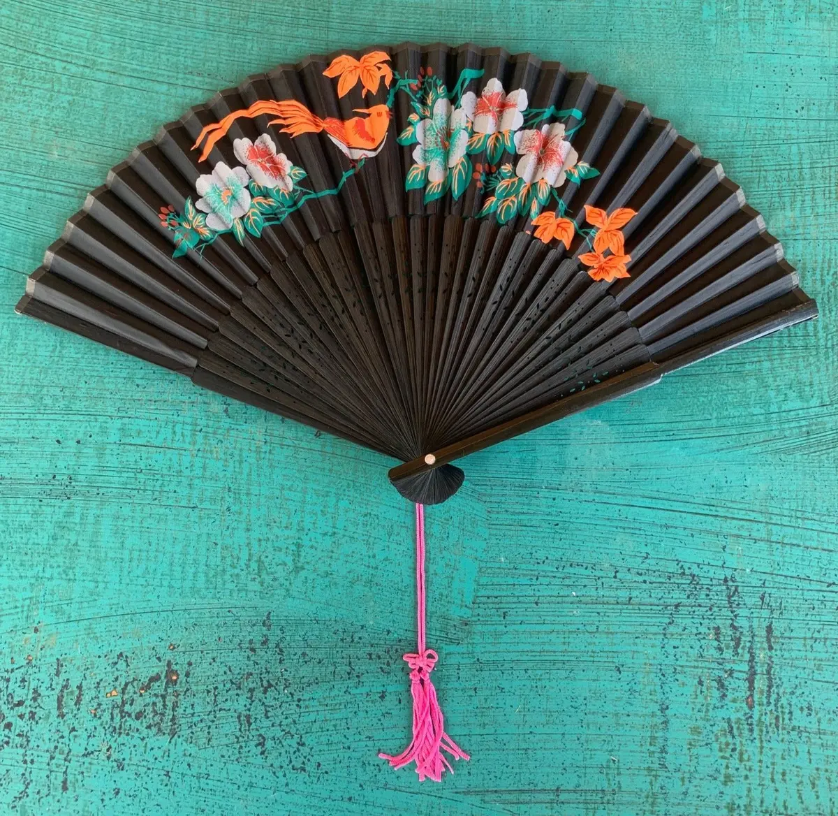 Asian Black Cloth Fan With Birds & Flowers 1