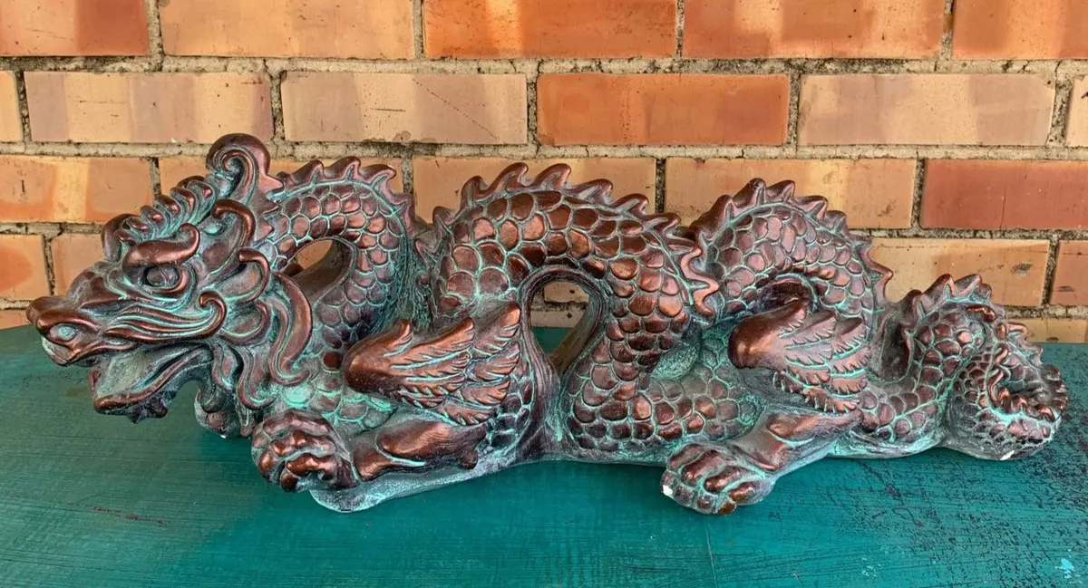 Plaster Brown And Green Painted Dragon Statue 1