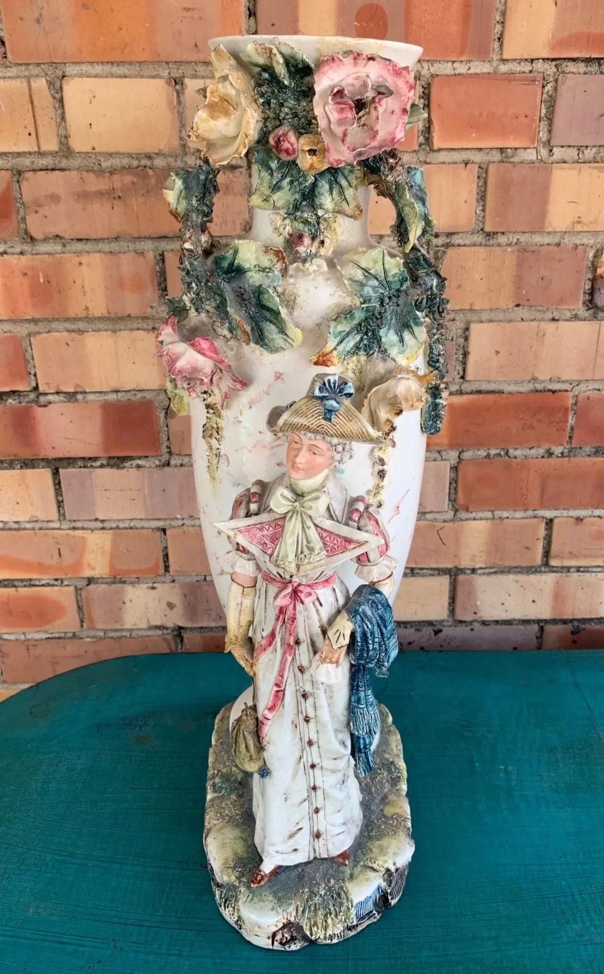 Antique Porcelain Floral Urn With Lady Figure 1