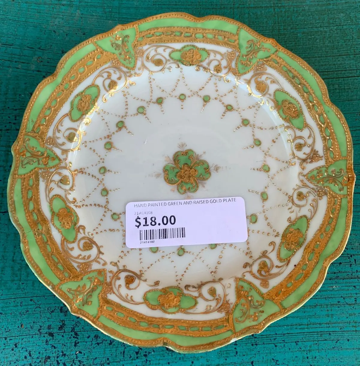 Hand Painted Green And Raised Gold Plate 1