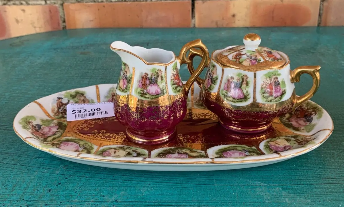 Decorated Porcelain Creamer And Sugar On Tray 1