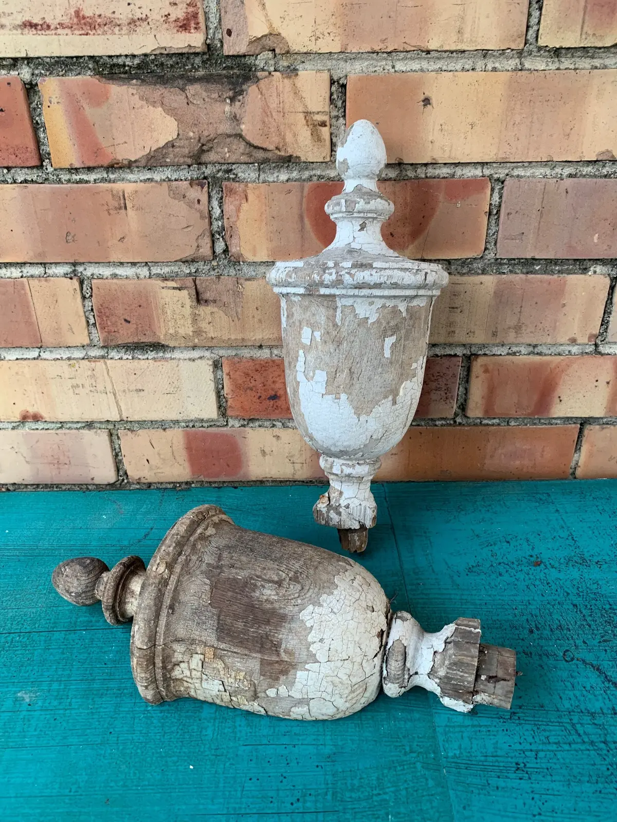 Pair Of Large White Distressed As Found Finials 1