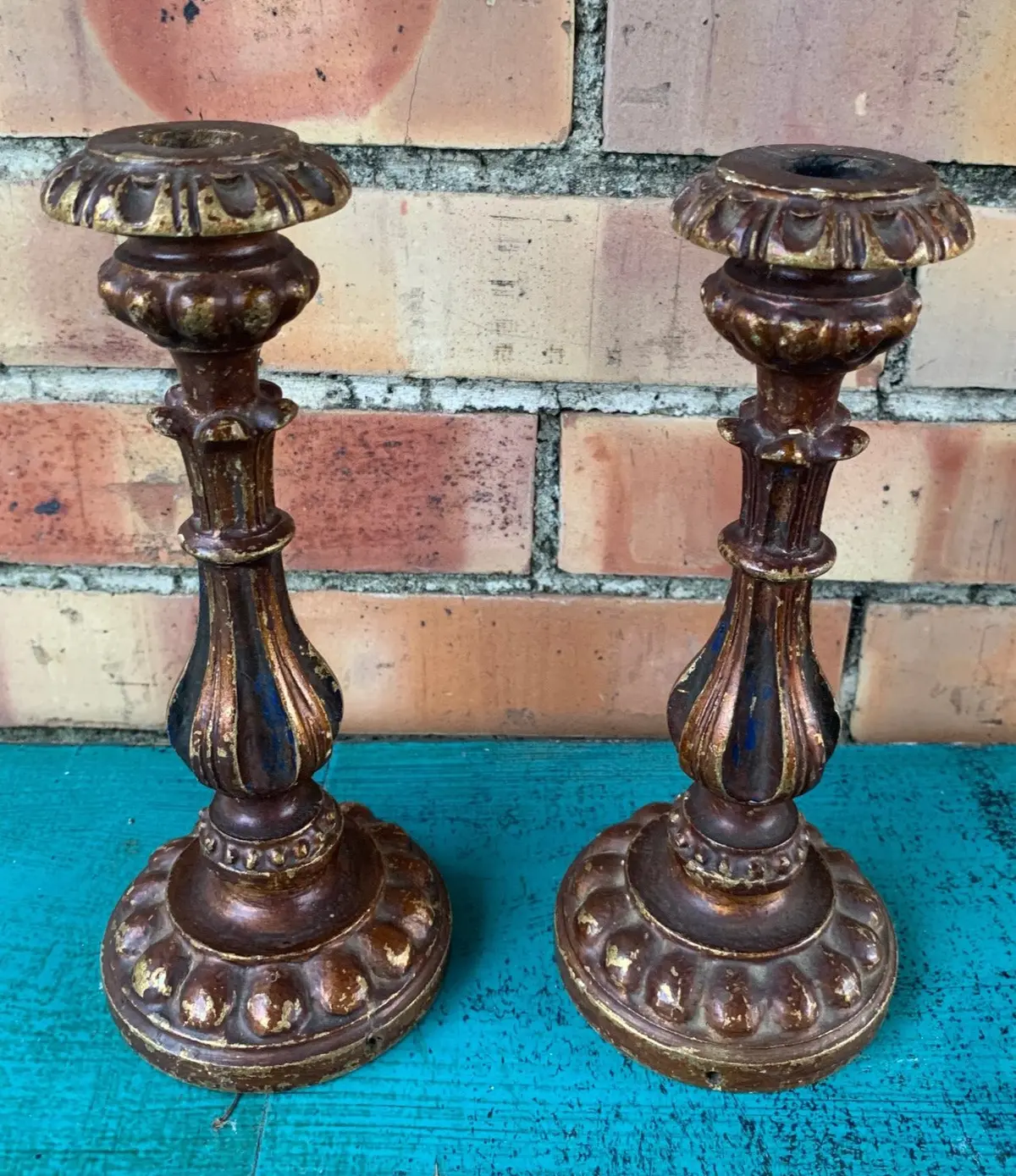 Pair Of Carved Bronze Finish Wood Candle Sticks 1
