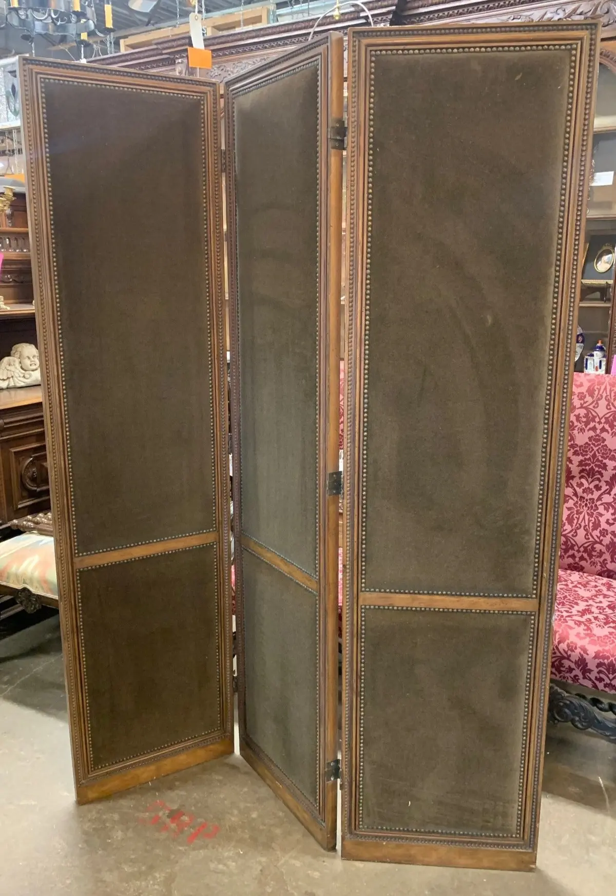 Folding Green Velvet And Wood Screen 1