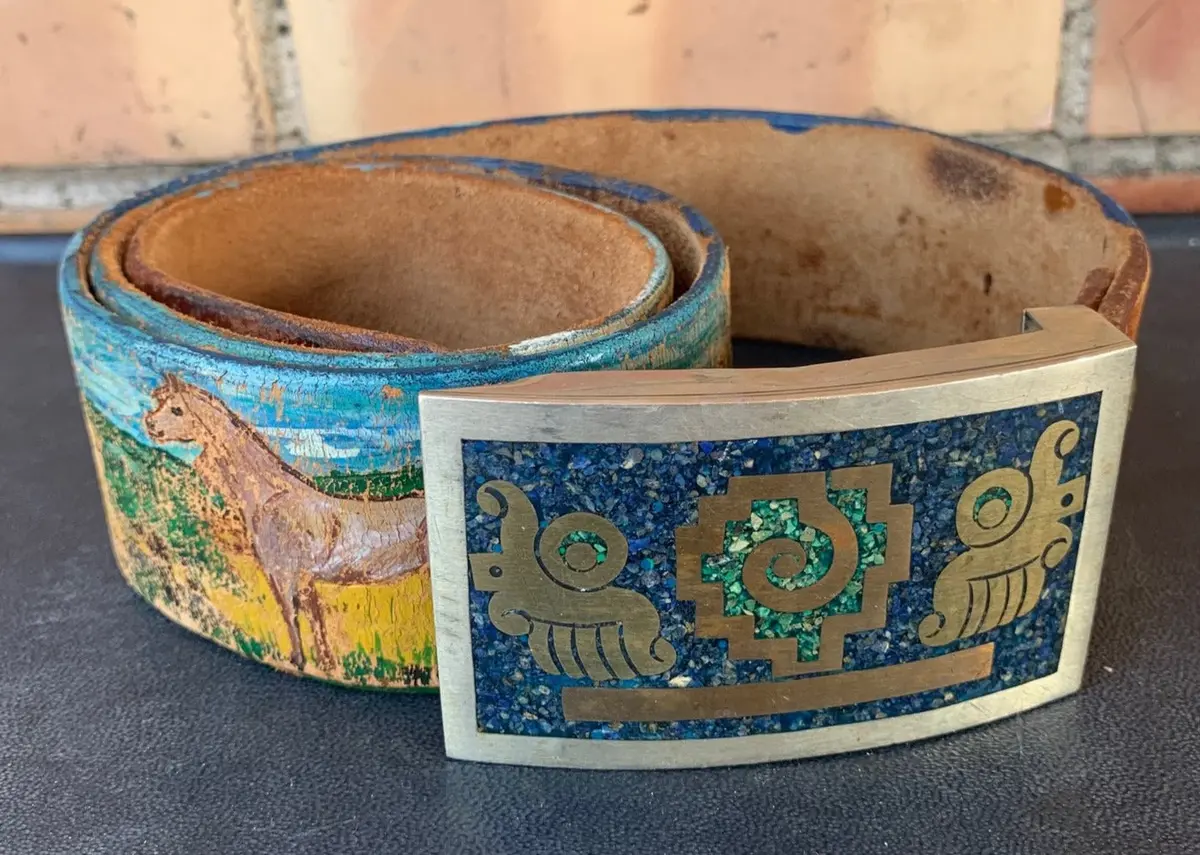 Mayan Emblems Green Buckle With Painted Belt 1