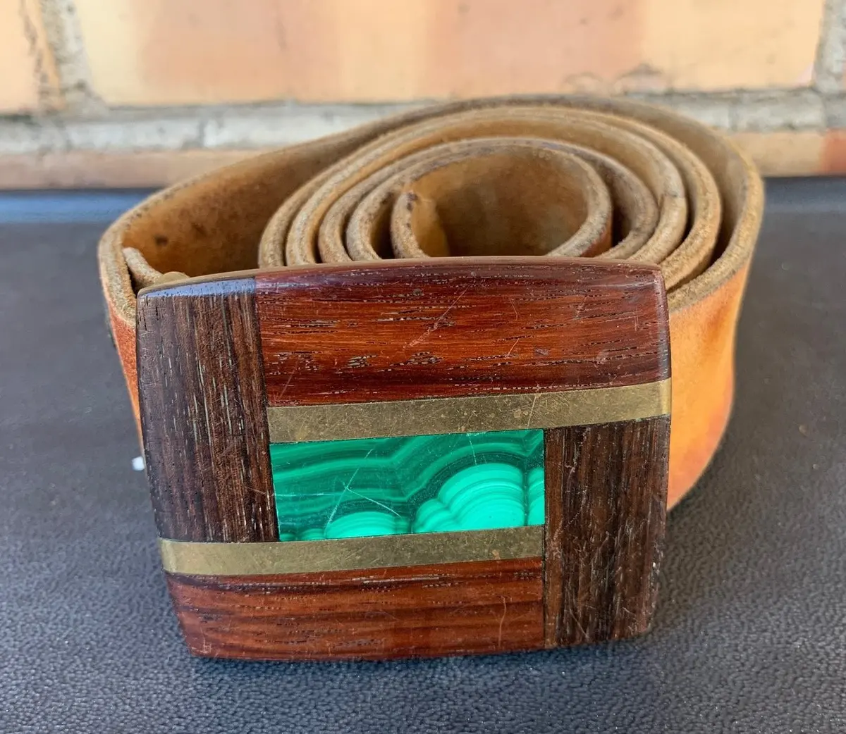 Square Brown With Green Stone Buckle Belt 1