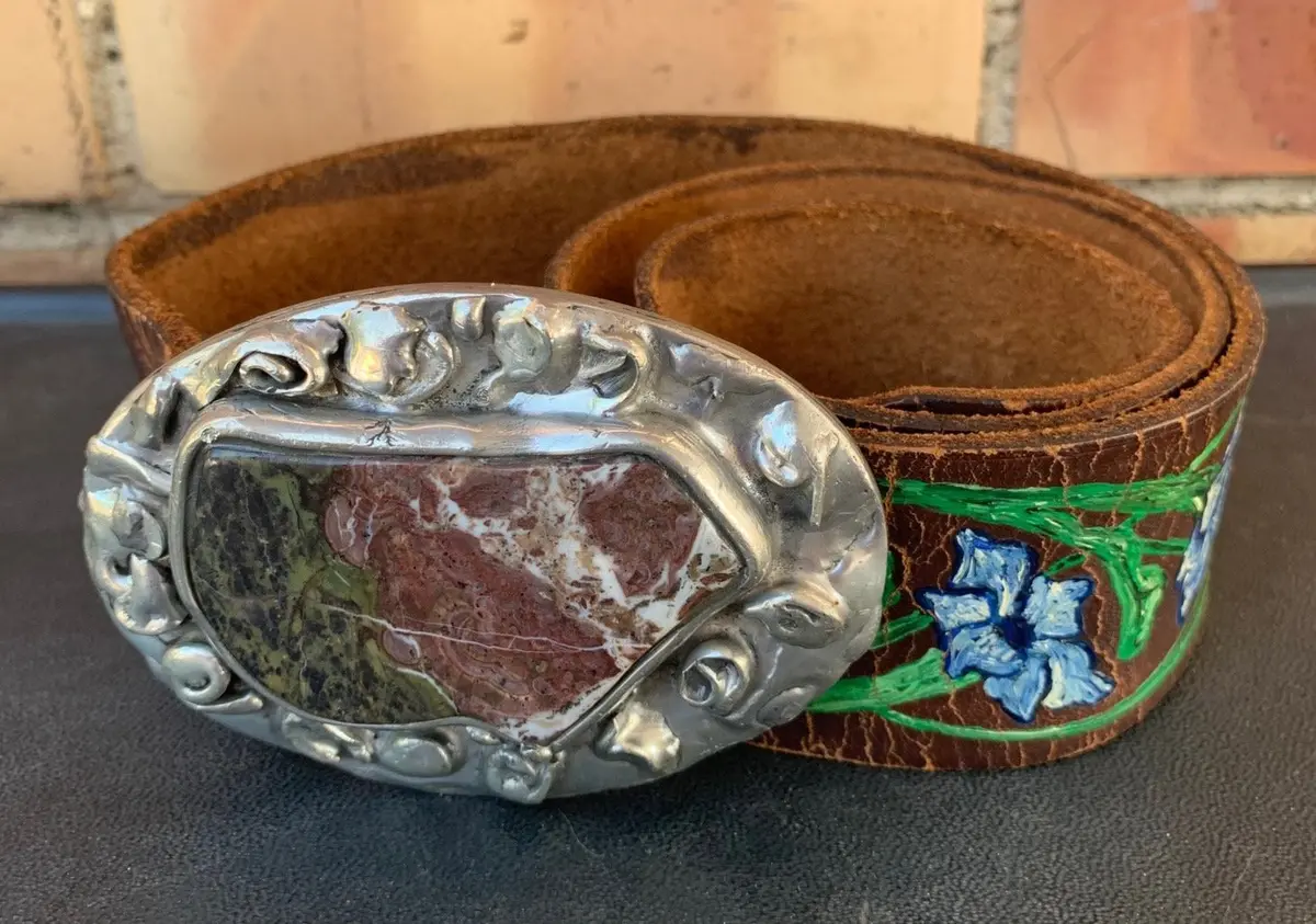 Silver With Stone Buckle On Brown Belt 1