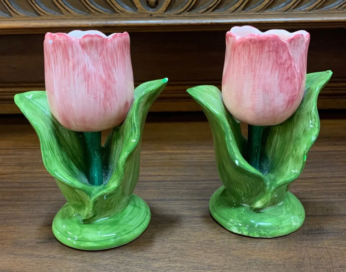 Pair Of Pink Tulip Candle Holders - As Found 1