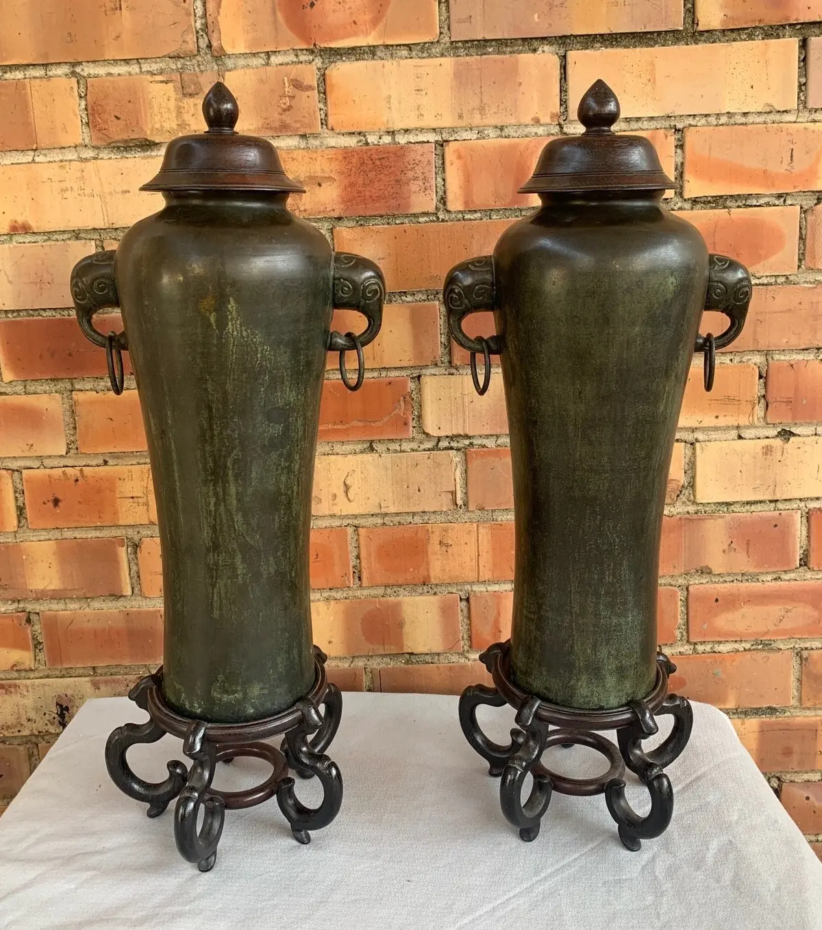 Pair Of Maitland Smith Metal Urns With Wood Bases And Tops 1
