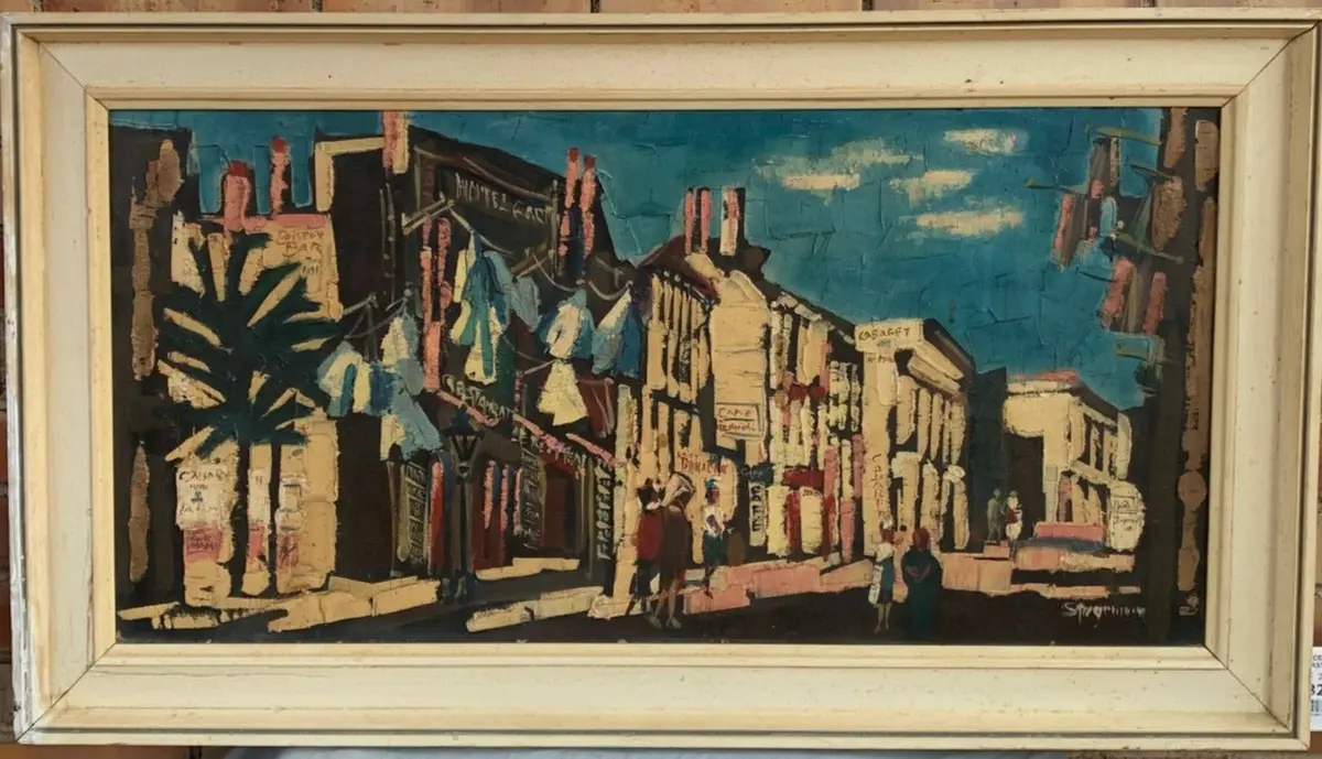 Mid Century Street Scene Impasto Oil Painting On Canvas 1