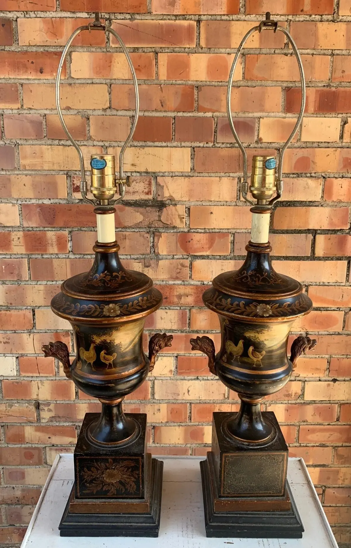 Pair Of Tole Rooster Lamps With Lion Heads 1