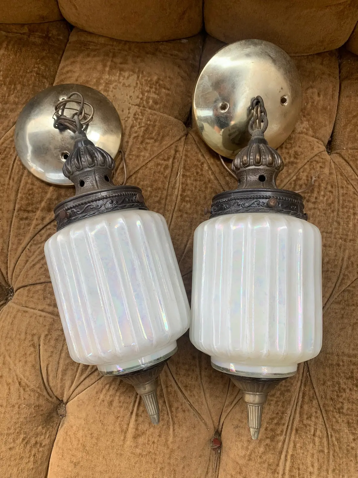 Pair Of Opal Iridescent Small Pendant Lamps 1