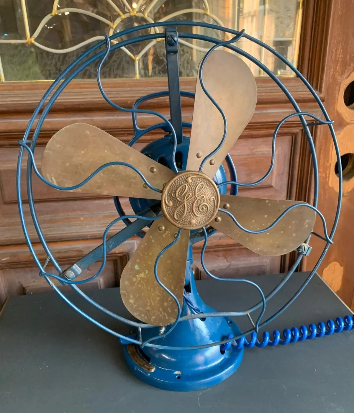 Antique Rewired Blue Ge Iron And Brass Fan With New Cord 1