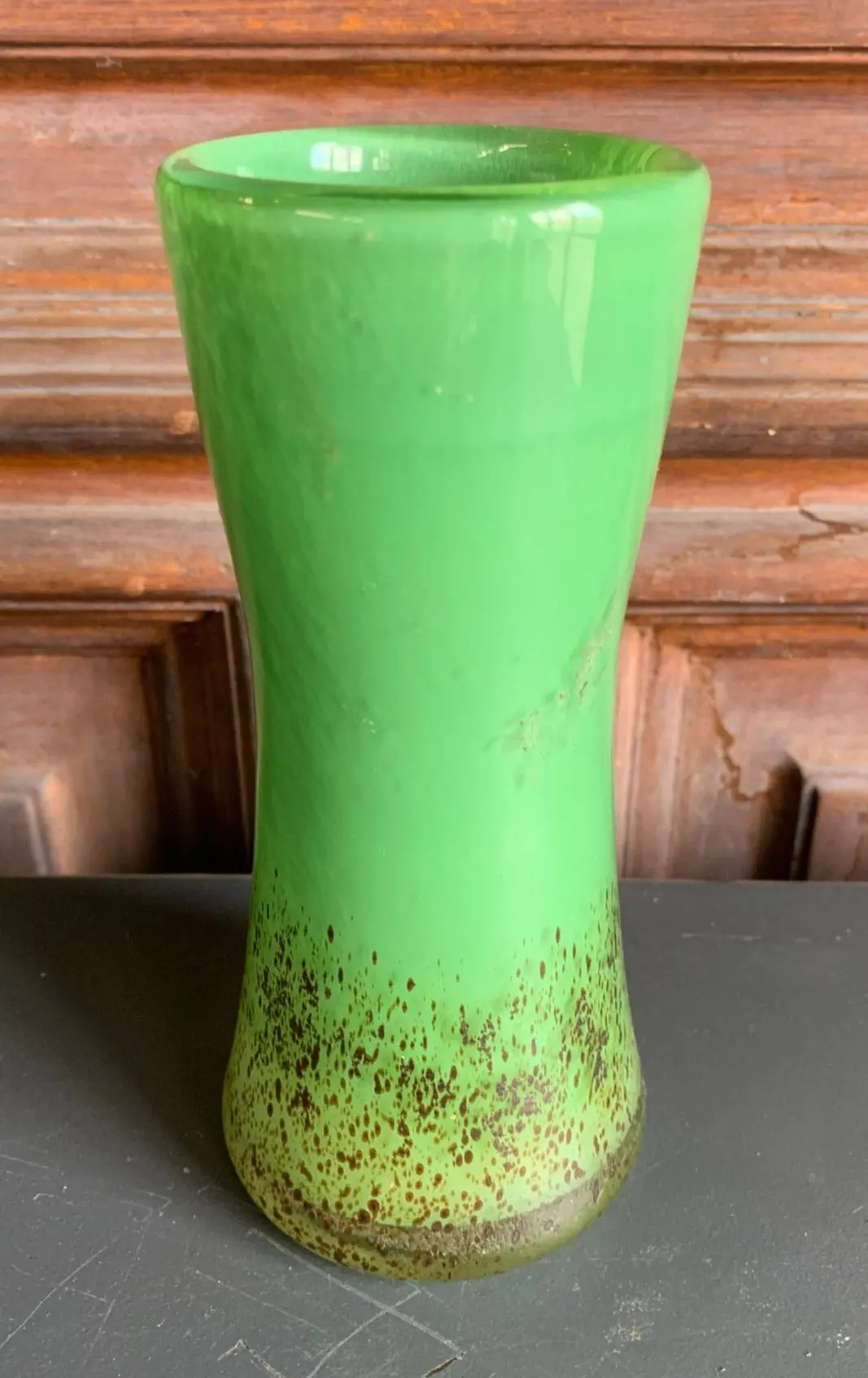 Grren Blown Glass Vase With Brown Specks 1
