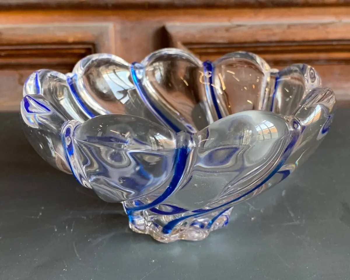 Art Glass Swirl Clear With Blue Small Bowl 1