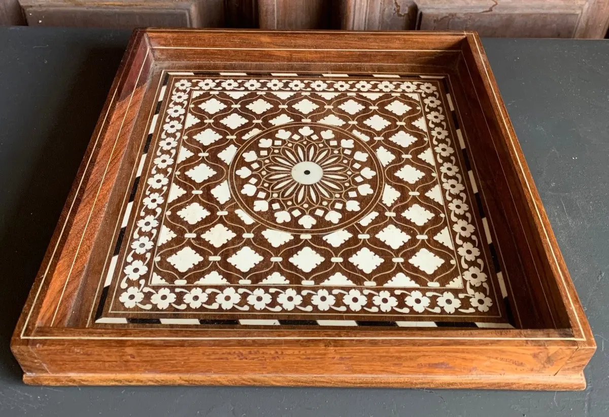 Square Teak Tray With Bone Inlay 1