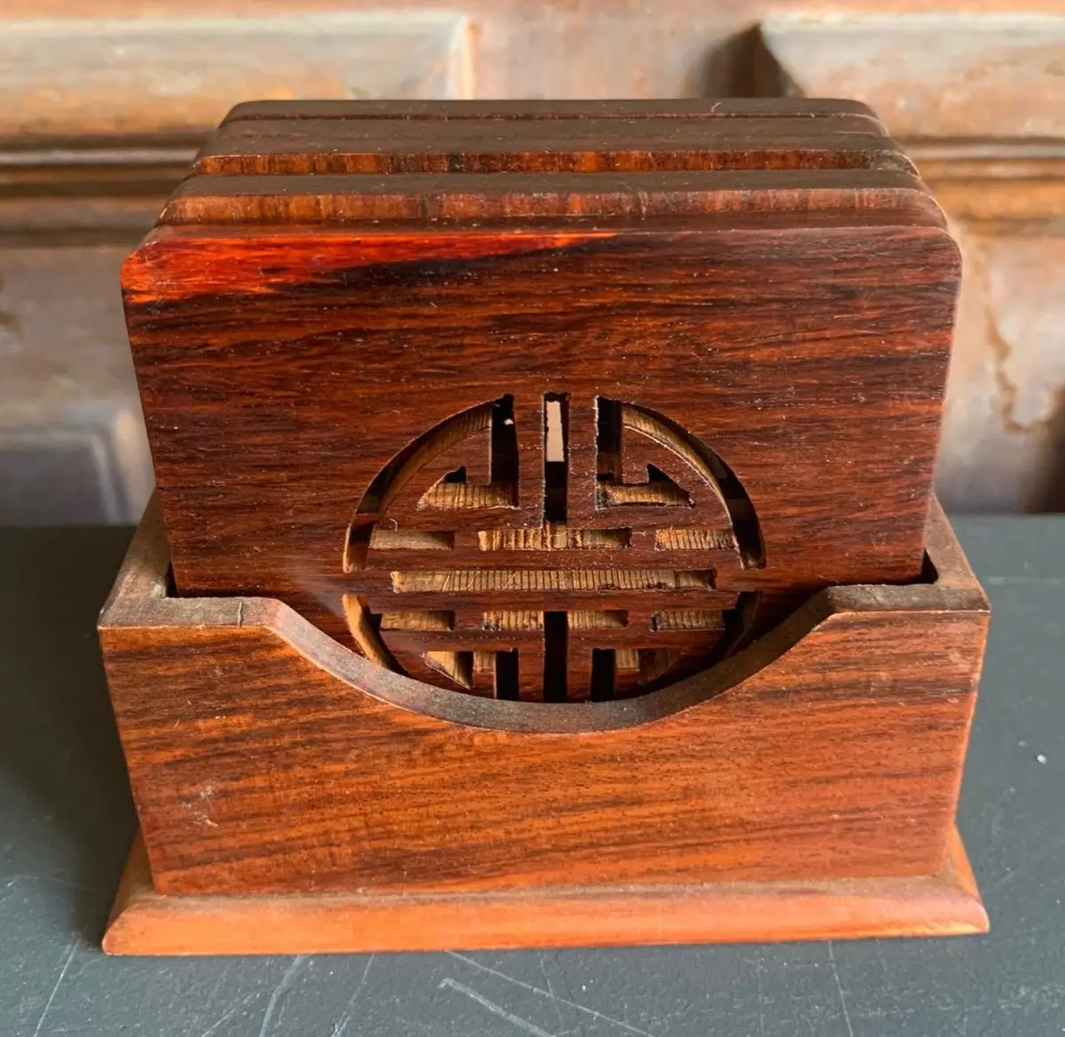 Asian Wooden Coaster Set In Holder 1