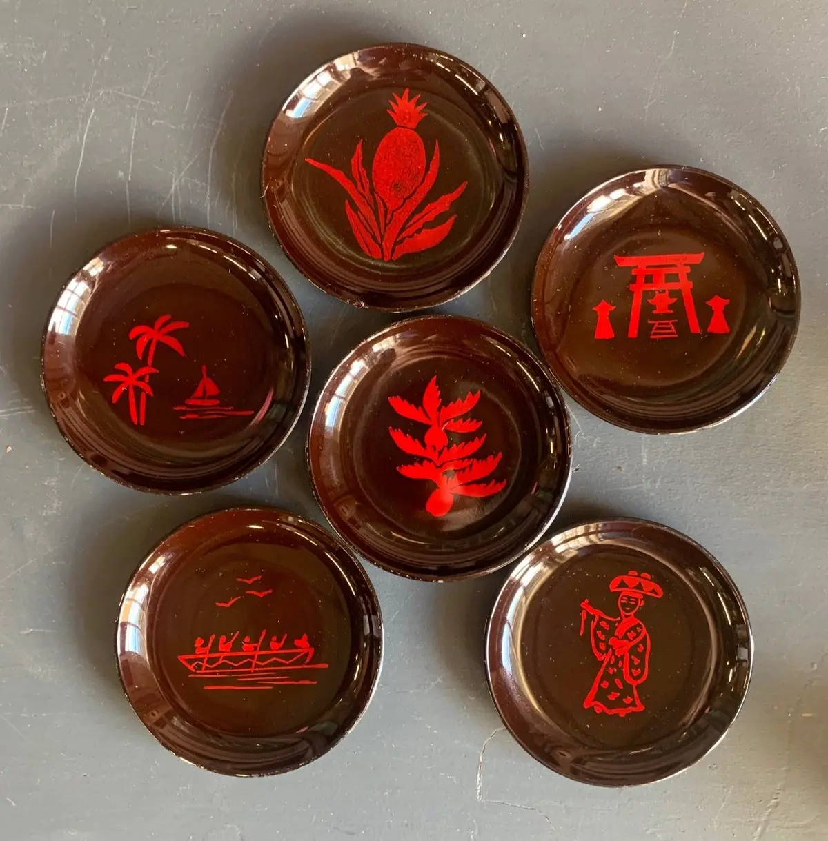 Set Of Japanese Okinawa Lacquered Coasters In Box3.5"D X 2.25" 1
