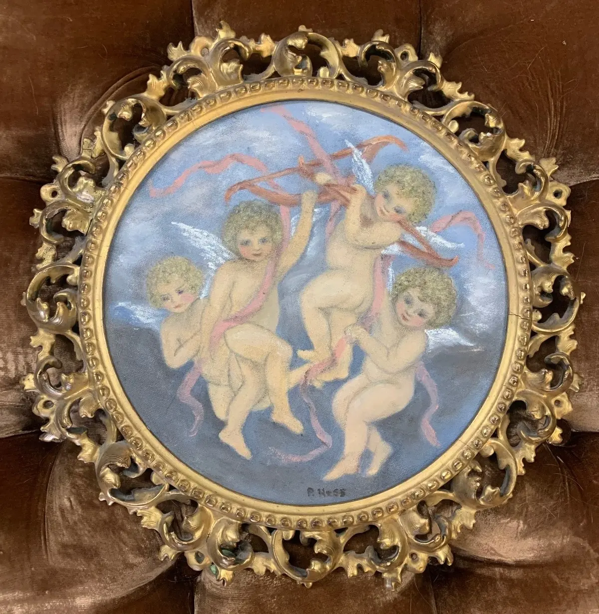 Round Italian Fancy Gold Framed Cherub Painting 1
