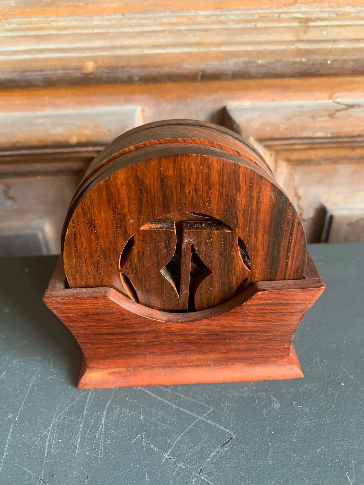 Asian Wooden Round Coaster Set In Holder 1