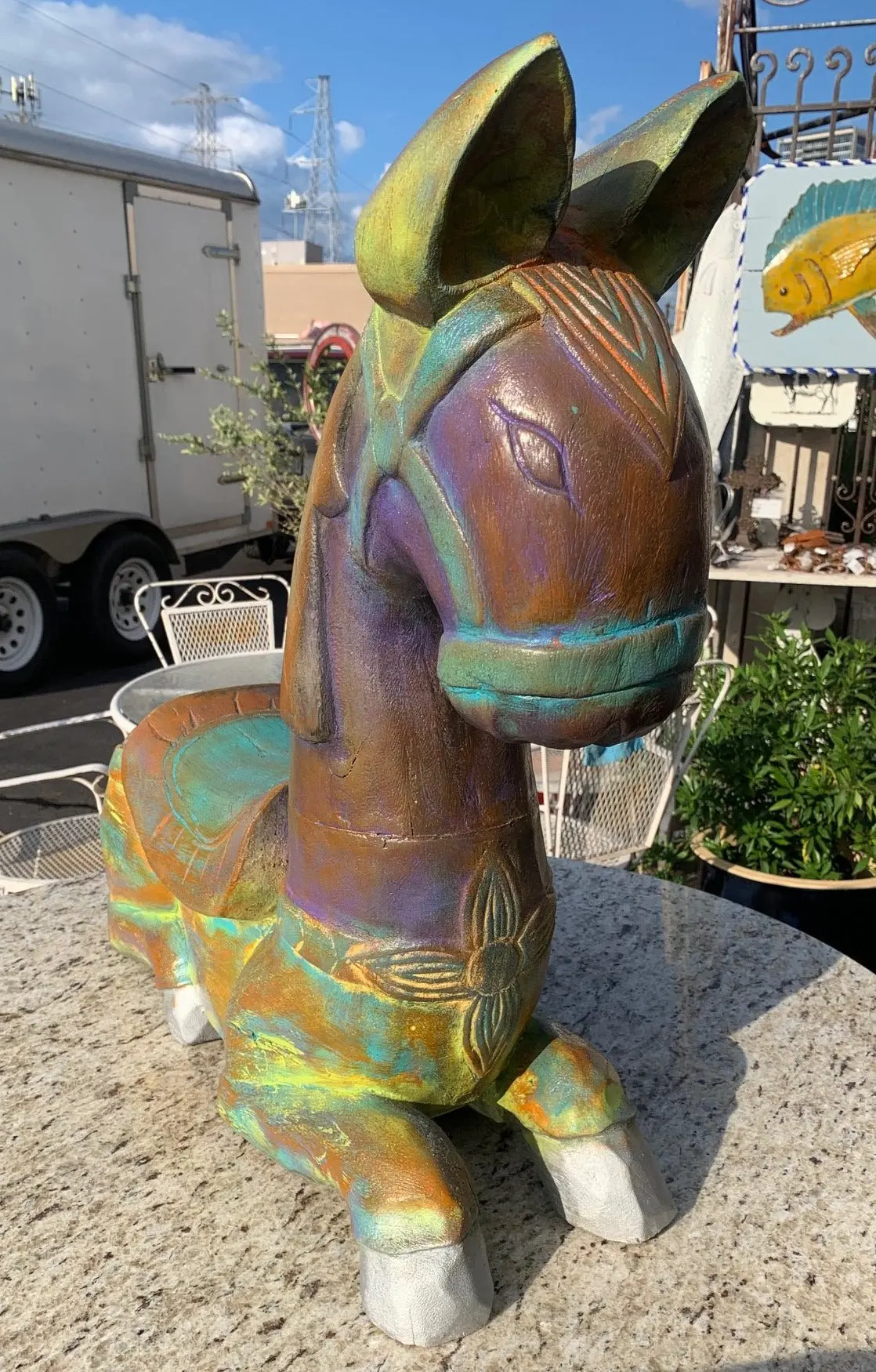 Large Multicolor Painted Hand Carved Wooden Horse 1
