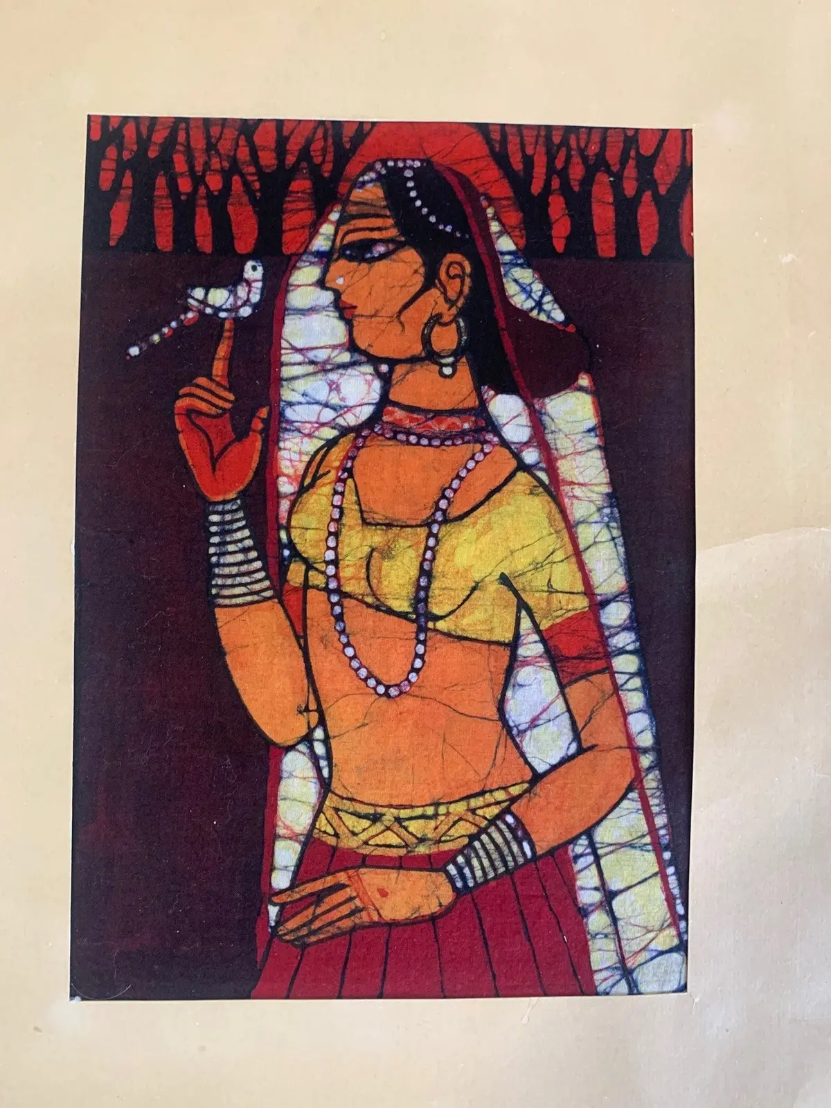 Indian Painting On Fabric Of Woman With Bird 1